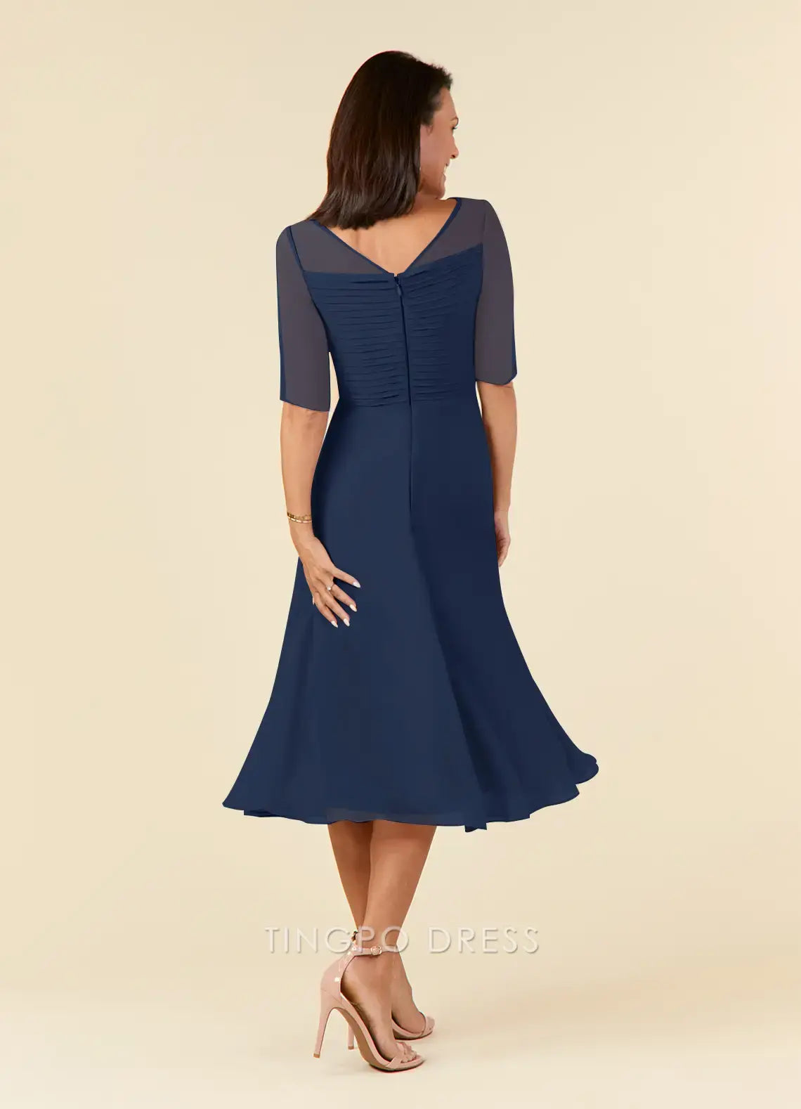 TingPo Wholesale Elegant Mother of the Bride Dark Navy A-Line Boatneck Pleated Chiffon Dress hot sale for ladies